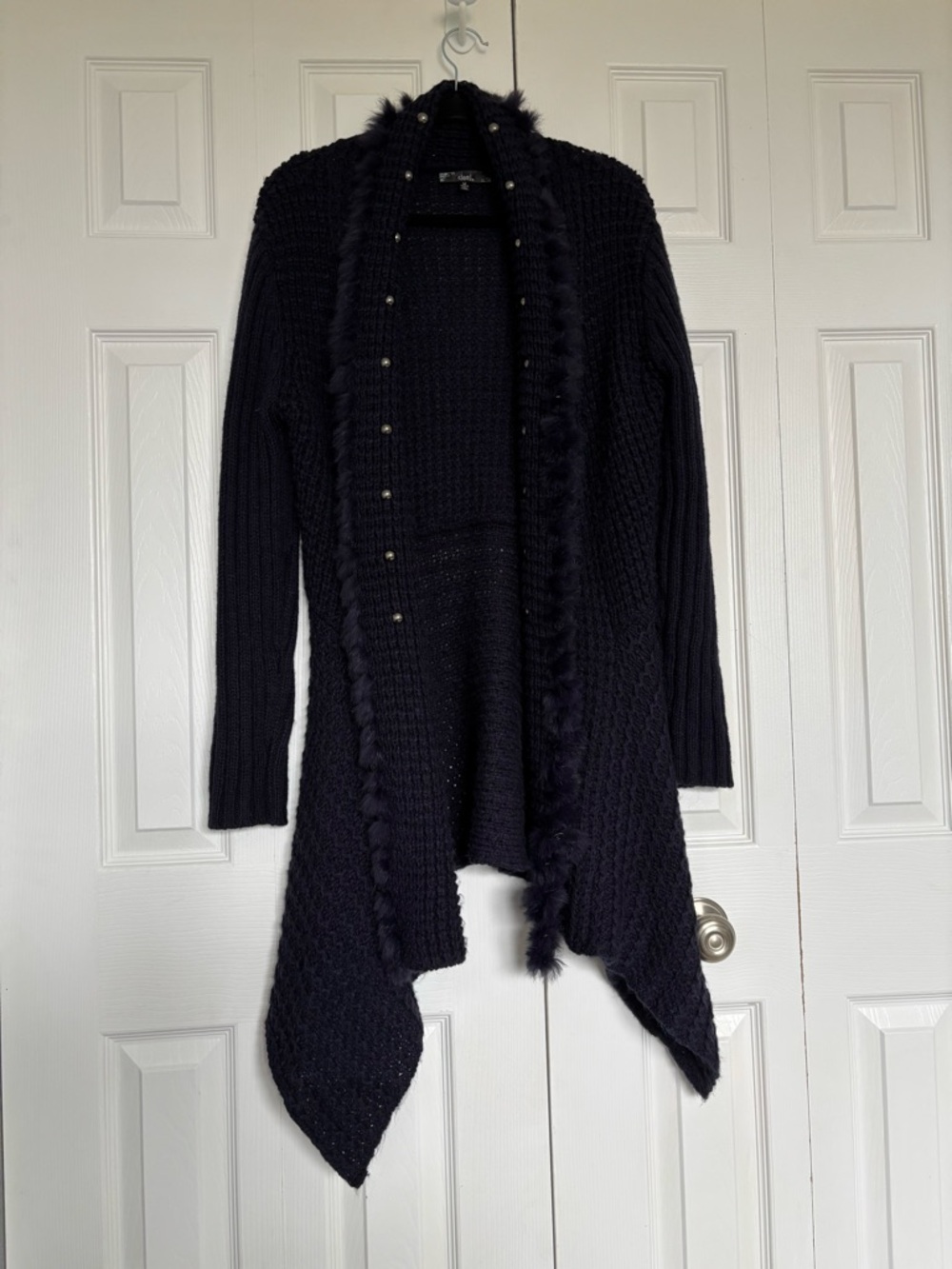 Sioni Navy Blue Knit Open-Front Cardigan with Faux Fur Trim Size M